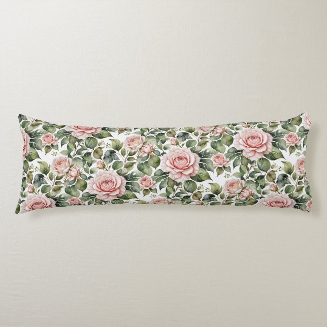 Classic Pink Roses & Sage Leaves Body Pillow (Front)