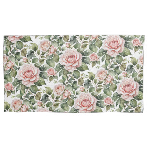 Classic Pink Roses & Sage Leaves Pillow Case