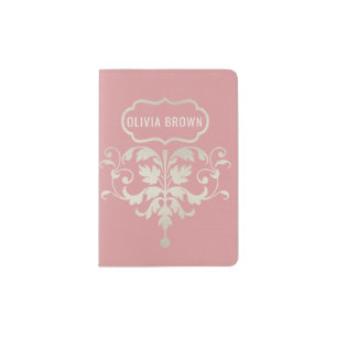 CLASSIC PINK SILVER LEATHER DAMASK MONOGRAM PASSPORT HOLDER