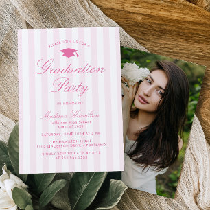 Classic Pink Stripes Photo Graduation Party Invitation