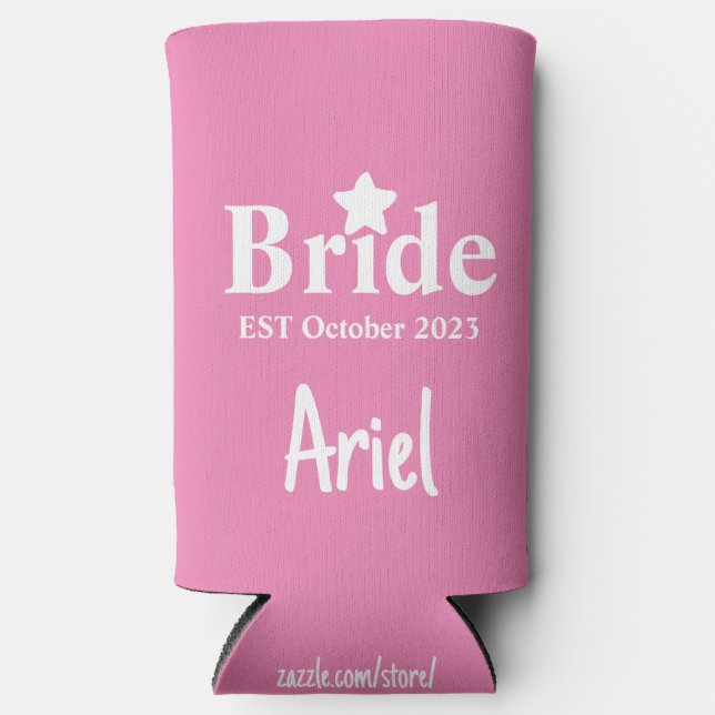 Classic Pink & White Bride Pattern Wedding Favors Seltzer Can Cooler (Front)