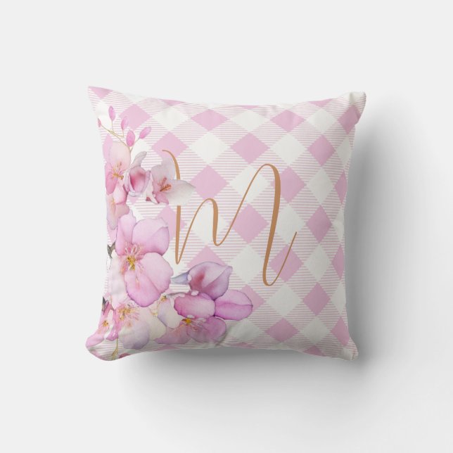 Classic pink white gingham floral monogram throw pillow (Front)