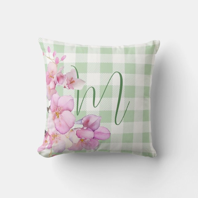 Classic pink white gingham floral monogram throw pillow (Front)