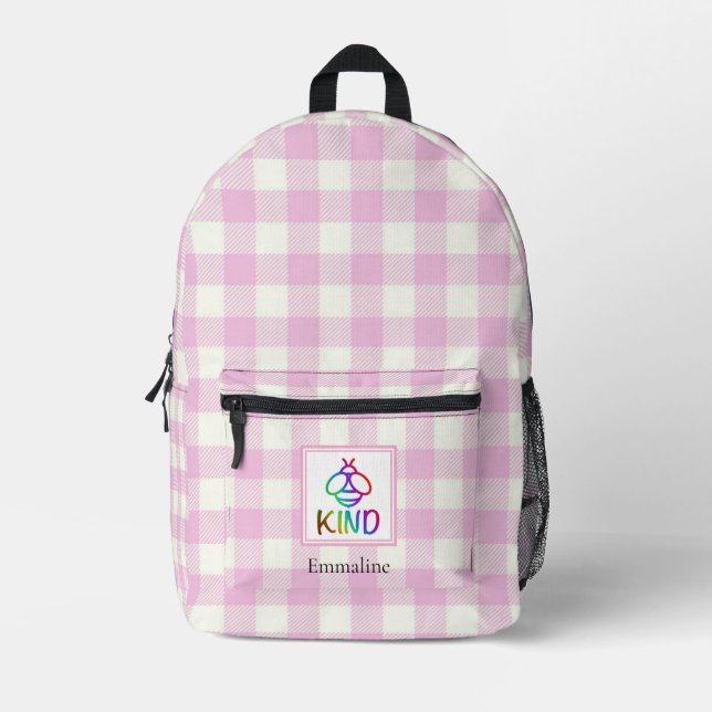 Classic pink white plaid bee kind  printed backpack (Front)