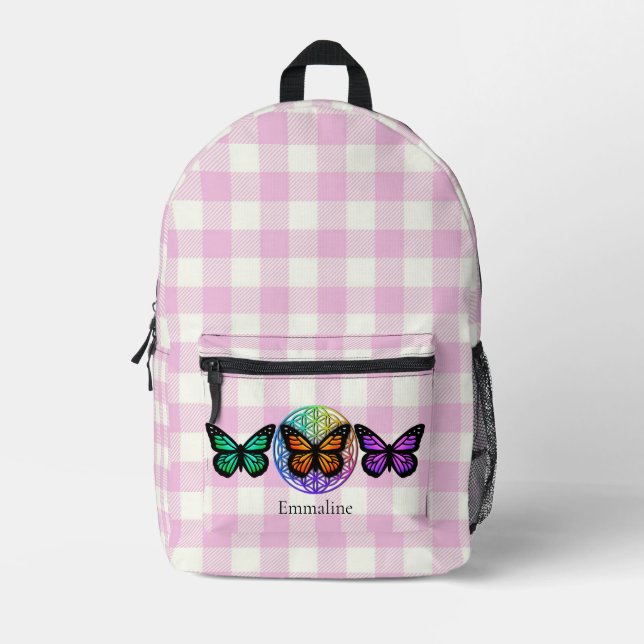 Classic pink white plaid butterfly flower of life printed backpack (Front)