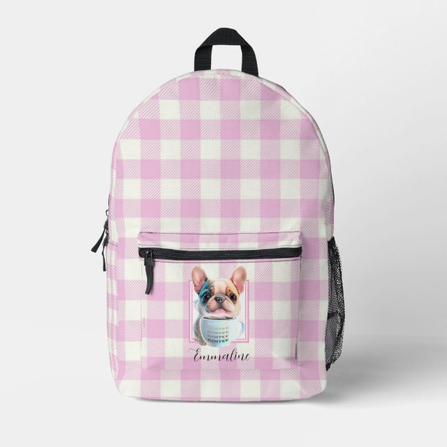 Classic pink white plaid dog coffee personalize  printed backpack (Front)