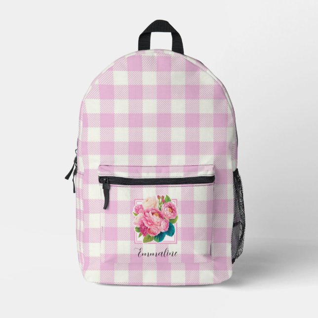 Classic pink white plaid pink floral personalize  printed backpack (Front)