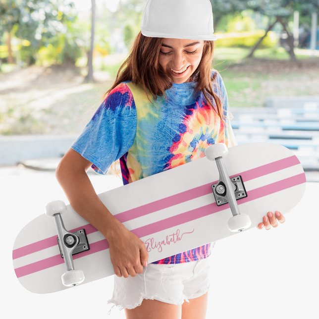 Classic Pink White Racing Stripes Girly Monogram Skateboard (Classic Pink White Racing Stripes Girly Monogram Skateboard)