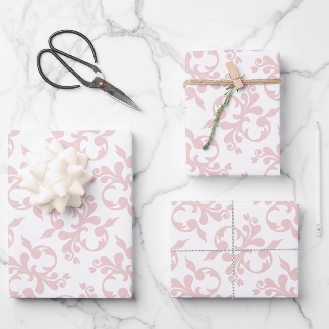 Classic Pink White Rococo Pattern Christmas Wrapping Paper Sheets (Front)