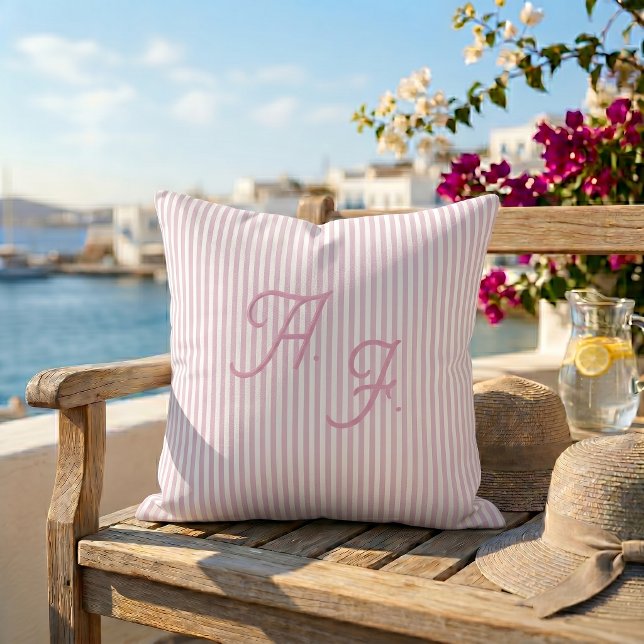 Classic Pink White Stripe Coastal Monogram Throw Pillow (Creator Uploaded)