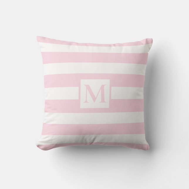 Classic pink white strips monogram  outdoor pillow (Front)