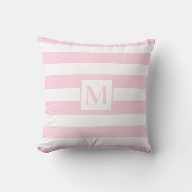 Classic pink white strips monogram  throw pillow (Front)