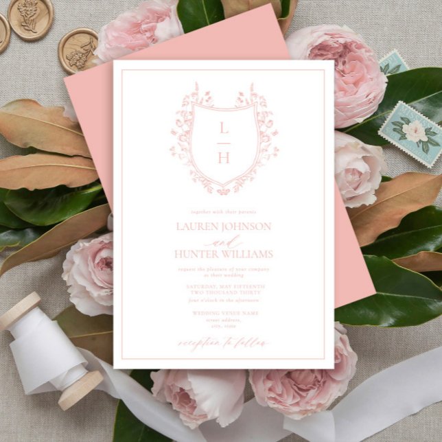 Classic Pink Wildflower Monogram Crest Wedding Invitation (Creator Uploaded)
