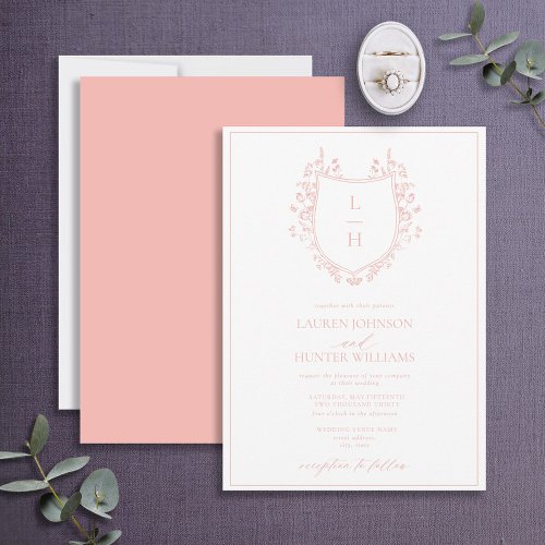 Classic Pink Wildflower Monogram Crest Wedding Invitation