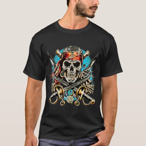 classic pirate skull with crossed swords T_Shirt