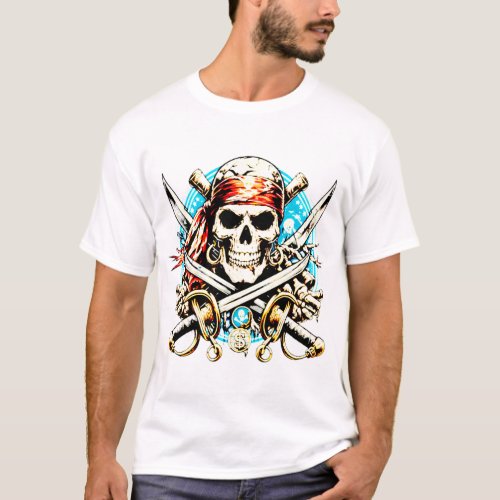 classic pirate skull with crossed swords T_Shirt