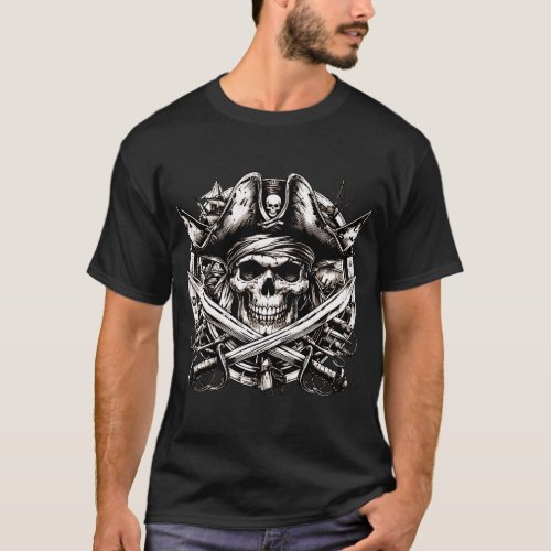 classic pirate skull with crossed swords T_Shirt