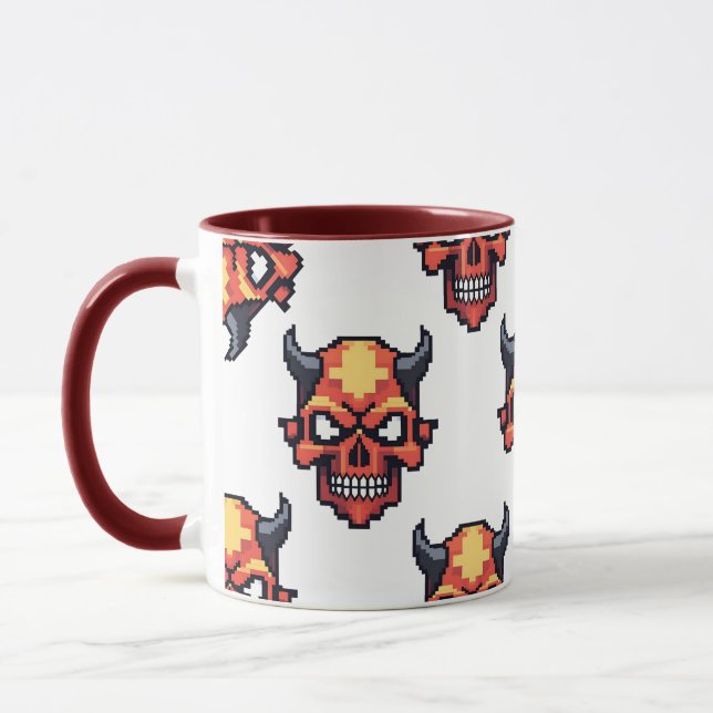 Classic Pixelated Devil Skull Pattern Mug (Left)