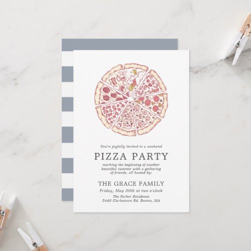 Classic Pizza Party  Slate Blue Stripes Invitation
