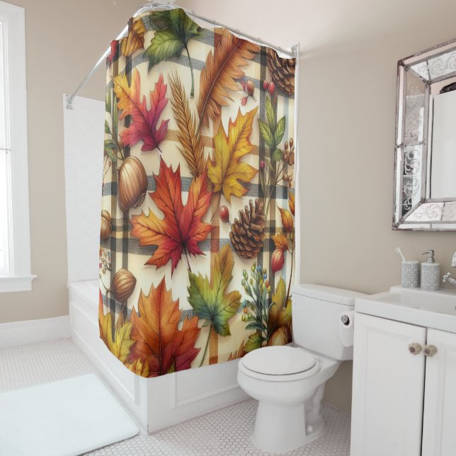 Classic Plaid Autumn Leaves Shower Curtain (In Situ)