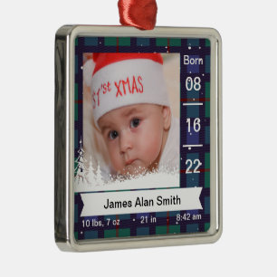 Classic Plaid Baby’s First Photo, Name, & Stats Metal Ornament