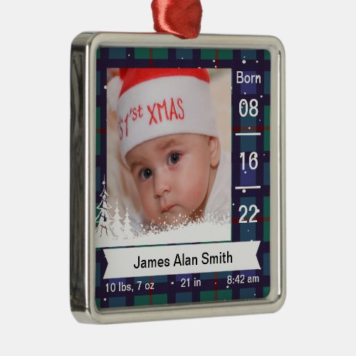 Classic Plaid Babys First Photo Name  Stats Metal Ornament