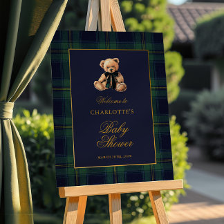 Classic Plaid Bear Baby Shower Welcome Sign