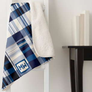Classic plaid, blue and white monogram sherpa blanket