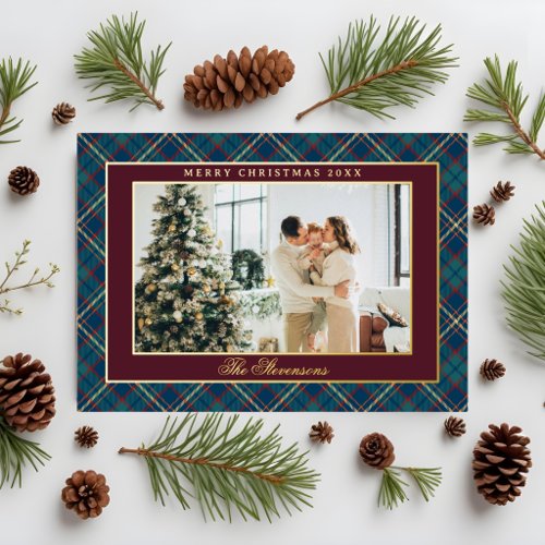 Classic Plaid Burgundy Red Photo Christmas Gold Foil Holiday Card