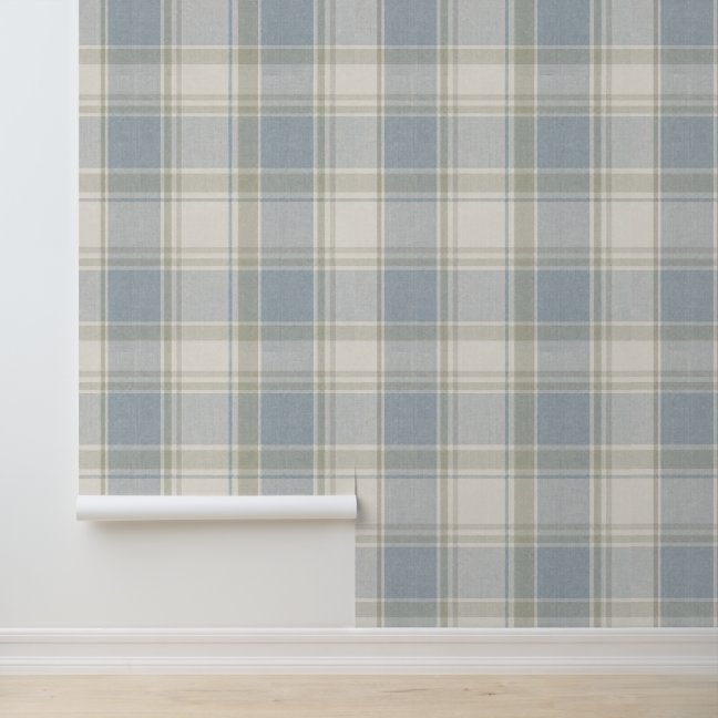 Classic Plaid Check Pattern in Slate Blue Cream Wallpaper