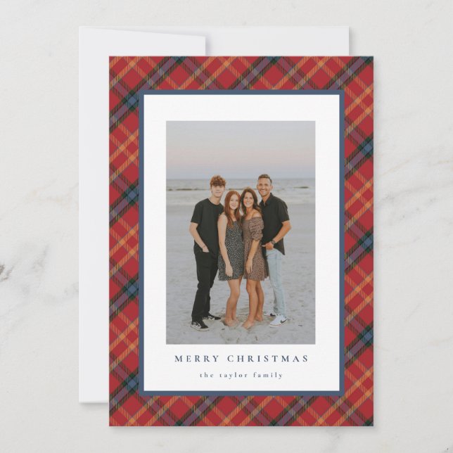 Classic Plaid Christmas Card Red and Navy Design (Front)