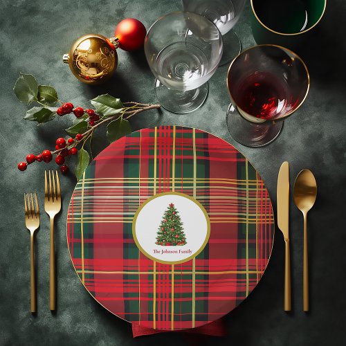 Classic Plaid Christmas Tree Red and Green  Paper Plates