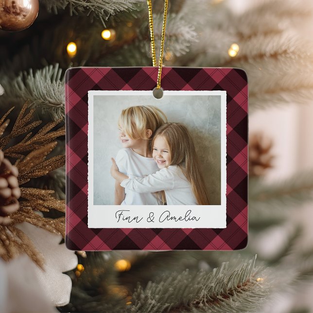 Classic Plaid Double Sided Personalized Photo Ceramic Ornament (Creator Uploaded)