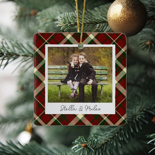 Classic Plaid Double Sided Personalized Photo Ceramic Ornament