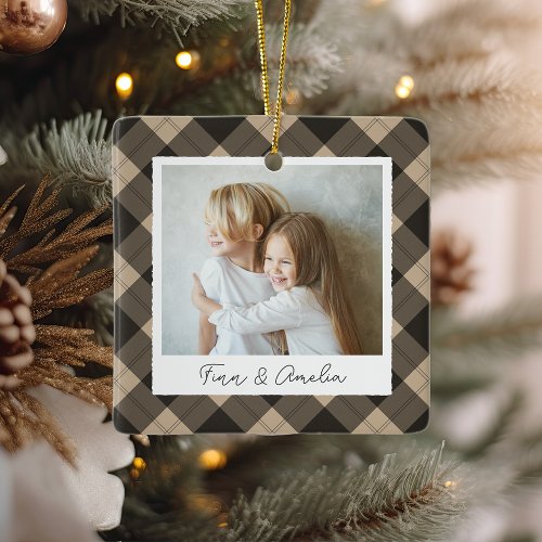 Classic Plaid Double Sided Personalized Photo Ceramic Ornament