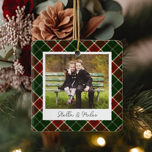 Classic Plaid Double Sided Personalized Photo Ceramic Ornament