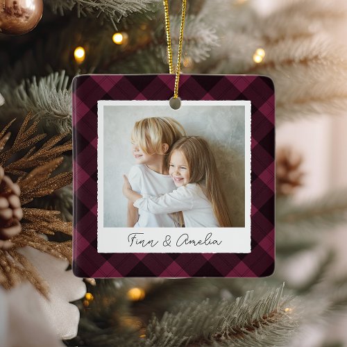 Classic Plaid Double Sided Personalized Photo Ceramic Ornament