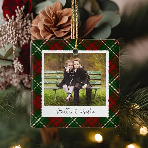 Classic Plaid Double Sided Personalized Photo Ceramic Ornament