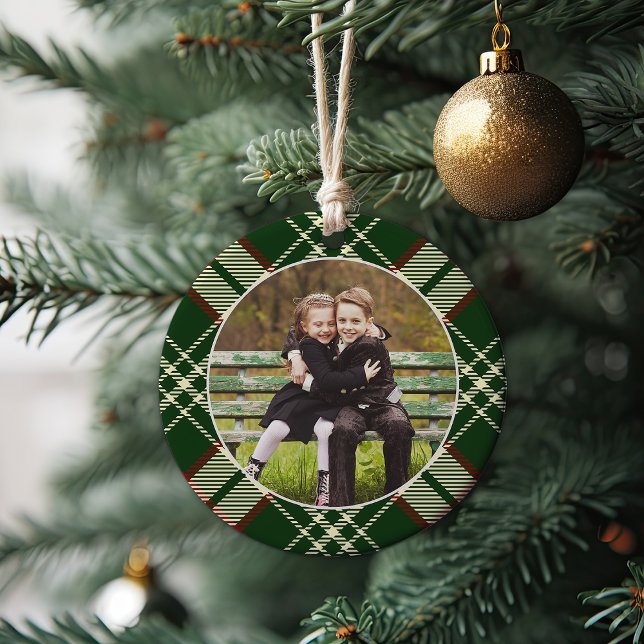 Classic Plaid Double-Sided Photo Christmas Ceramic Ornament (Creator Uploaded)
