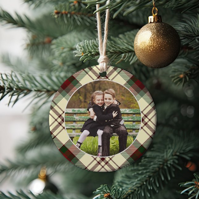 Classic Plaid Double-Sided Photo Christmas Ceramic Ornament (Creator Uploaded)