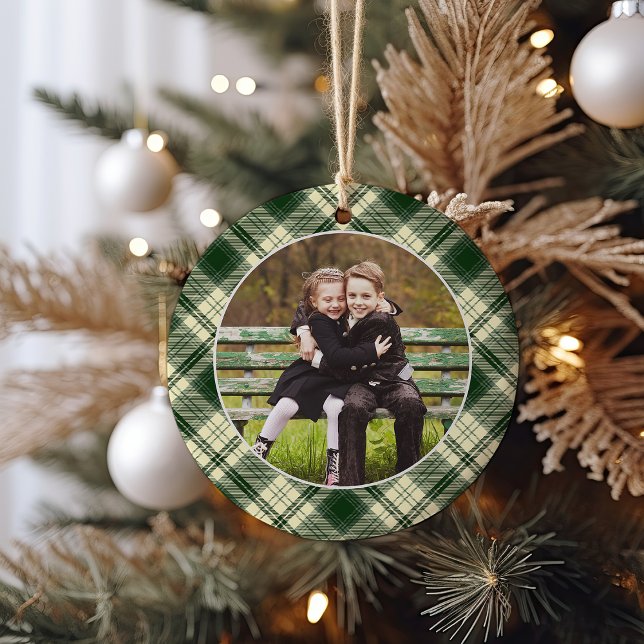 Classic Plaid Double-Sided Photo Christmas Ceramic Ornament (Creator Uploaded)