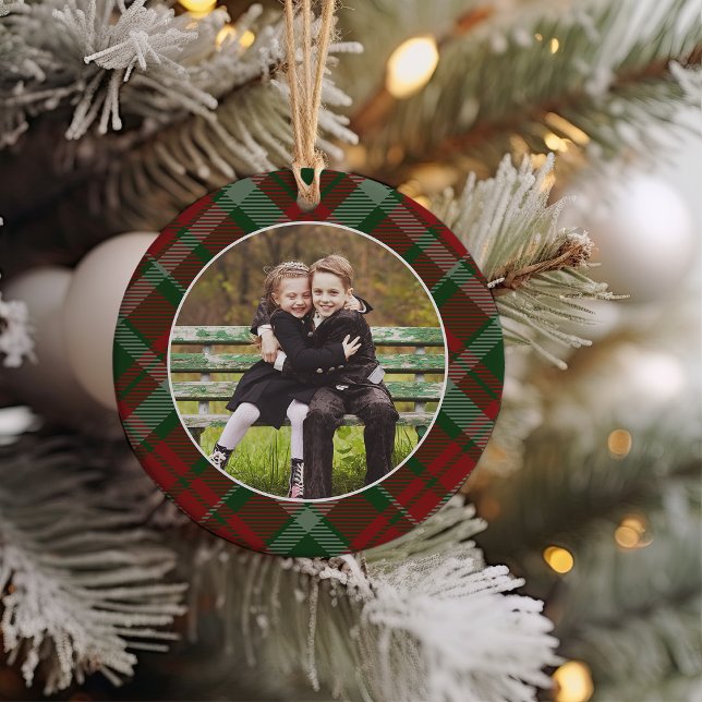 Classic Plaid Double-Sided Photo Christmas Ceramic Ornament (Creator Uploaded)