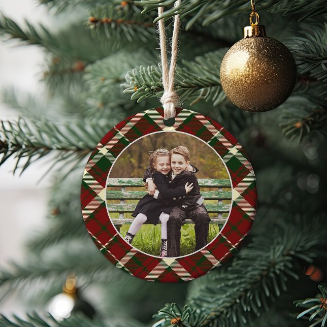 Classic Plaid Double-Sided Photo Christmas Ceramic Ornament (Creator Uploaded)