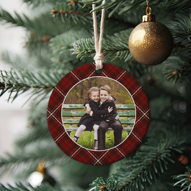 Classic Plaid Double-Sided Photo Christmas Ceramic Ornament (Creator Uploaded)