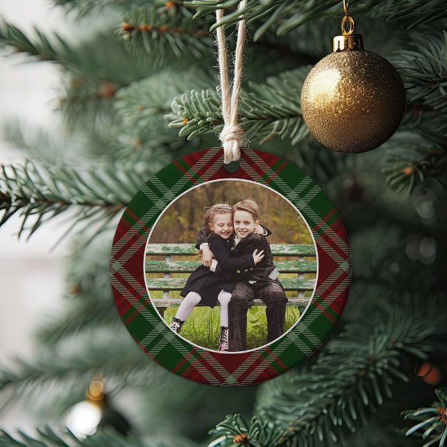 Classic Plaid Double-Sided Photo Christmas Ceramic Ornament (Creator Uploaded)