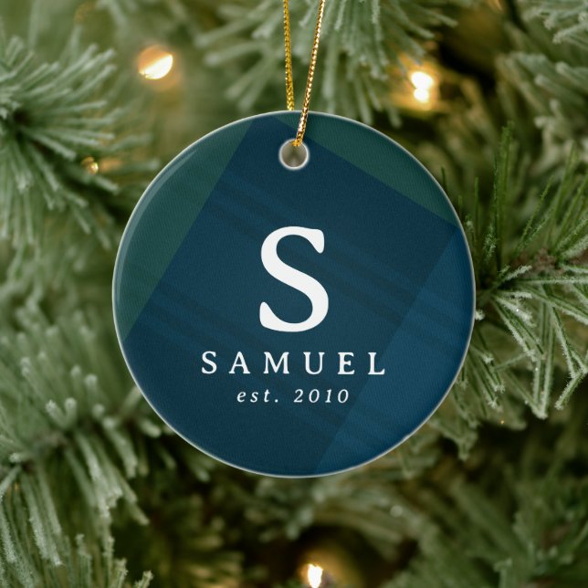Classic plaid elegant initial photo Christmas Ceramic Ornament (Tree)