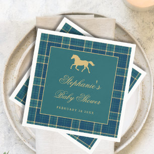 Classic Plaid Golden Horse Equestrian Baby Shower Napkins