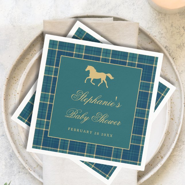 Classic Plaid Golden Horse Equestrian Baby Shower Napkins (Creator Uploaded)