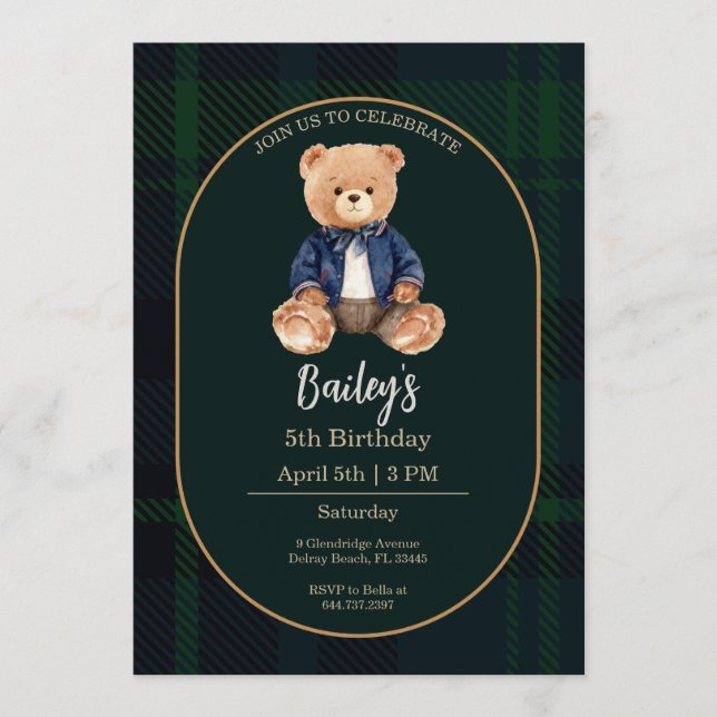 Classic Plaid Little Bear Birthday Invitation (Front)
