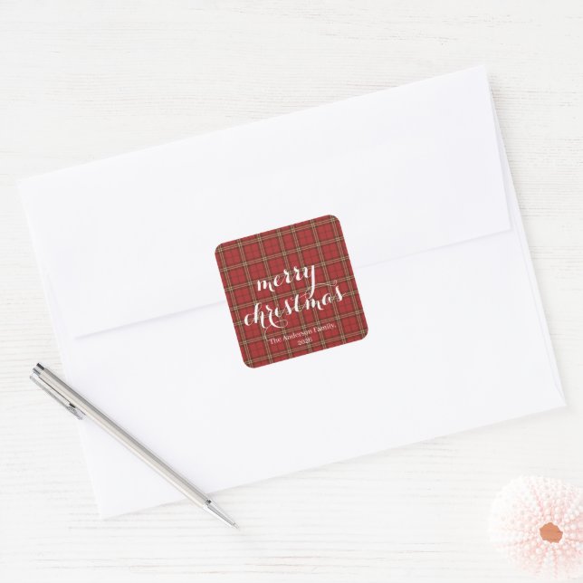 Classic Plaid Merry Christmas Festive -  Square Sticker (Envelope)